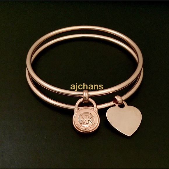 NEW Michael Kors Rose Gold Tone Heart/Lock Charms Bangle Set - Picture 3 of 4